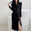 2 Pieces Outfits Black Set Office Women Formal Kit Temperament Lady Sexy Short Crop Tops Coat Slit Midi Skirt Slim Suits