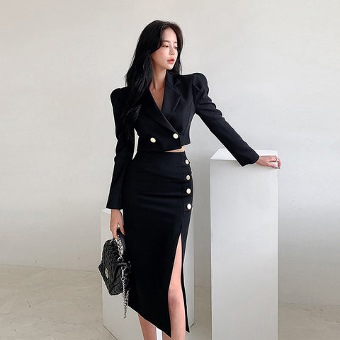 2 Pieces Outfits Black Set Office Women Formal Kit Temperament Lady Sexy Short Crop Tops Coat Slit Midi Skirt Slim Suits