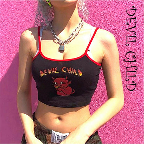 Fashion 2022 Trend Women Halloween Devil Print Crop Vest Top Casual Summer Stylish Ladies Clubwear Camisole Tank Sun-Tops
