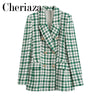2023Spring Women Green Lattice Double Breasted Blazer Long sleeves Vintage Houndstooth Outerwear Patch Pocket Top Female