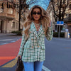 2023Spring Women Green Lattice Double Breasted Blazer Long sleeves Vintage Houndstooth Outerwear Patch Pocket Top Female