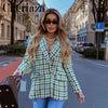 2023Spring Women Green Lattice Double Breasted Blazer Long sleeves Vintage Houndstooth Outerwear Patch Pocket Top Female