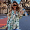 2023Spring Women Green Lattice Double Breasted Blazer Long sleeves Vintage Houndstooth Outerwear Patch Pocket Top Female