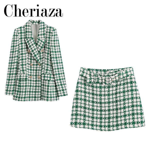 2023Spring Women Green Lattice Double Breasted Blazer Long sleeves Vintage Houndstooth Outerwear Patch Pocket Top Female