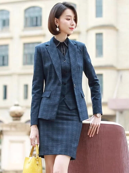 3 Piece Set Business Pant Suits Women Plaid Design Formal Jacket Vest Office Lady Work Spring Autumn Skirt Set Female