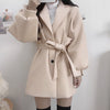 Autumn High Wide Waist Wool & Blends Black Long Sleeve Turn Down Collar Coat Winter Sashes Slim Korean Jacket Wild