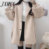 Autumn High Wide Waist Wool & Blends Black Long Sleeve Turn Down Collar Coat Winter Sashes Slim Korean Jacket Wild