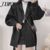 Autumn High Wide Waist Wool & Blends Black Long Sleeve Turn Down Collar Coat Winter Sashes Slim Korean Jacket Wild