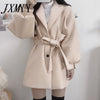 Autumn High Wide Waist Wool & Blends Black Long Sleeve Turn Down Collar Coat Winter Sashes Slim Korean Jacket Wild