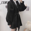 Autumn High Wide Waist Wool & Blends Black Long Sleeve Turn Down Collar Coat Winter Sashes Slim Korean Jacket Wild