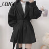 Autumn High Wide Waist Wool & Blends Black Long Sleeve Turn Down Collar Coat Winter Sashes Slim Korean Jacket Wild