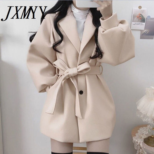 Autumn High Wide Waist Wool & Blends Black Long Sleeve Turn Down Collar Coat Winter Sashes Slim Korean Jacket Wild