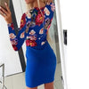 Autumn Office Lady Flower Print Deep V Long Sleeve Bodycon Mini Dress  Mini Dress