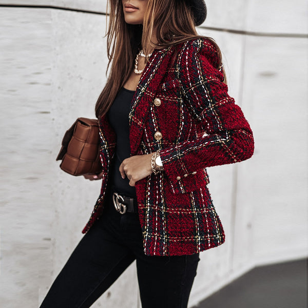 Autumn Plaid Printed Women's Blazer Coats Long Sleeve Slim Fits Outwear Double-Breasted Short Suit Jackets Femme Outwear