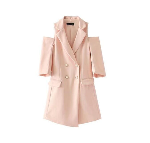 Fashion Autumn Slim Double Breasted Blazer Feminino Three Quarter Solid Off Shoulder Blazers Women Long ladies Suit jacket Pink