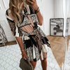 Autumn Women Leopard Printed Shirts Dress Tie Waist Roll up Sleeve Buttons Turn-down Collar Pleated Dress