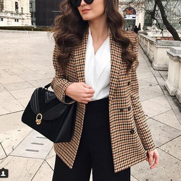 Autumn Women Plaid Blazers and Jackets Work Office Lady Suit Slim Double Breasted Business Female Blazer Coat Talever