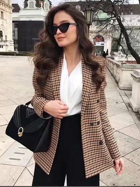 Autumn Women Plaid Blazers and Jackets Work Office Lady Suit Slim Double Breasted Business Female Blazer Coat