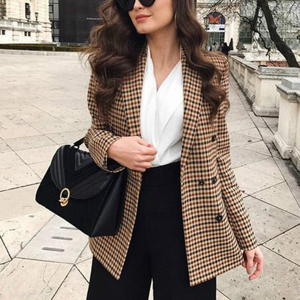 Autumn Women Plaid Blazers and Jackets Work Office Lady Suit Slim Double Breasted Business Female Blazer Coat Talever