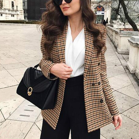 Autumn Women Plaid Blazers and Jackets Work Office Lady Suit Slim Double Breasted Business Female Blazer Coat Talever