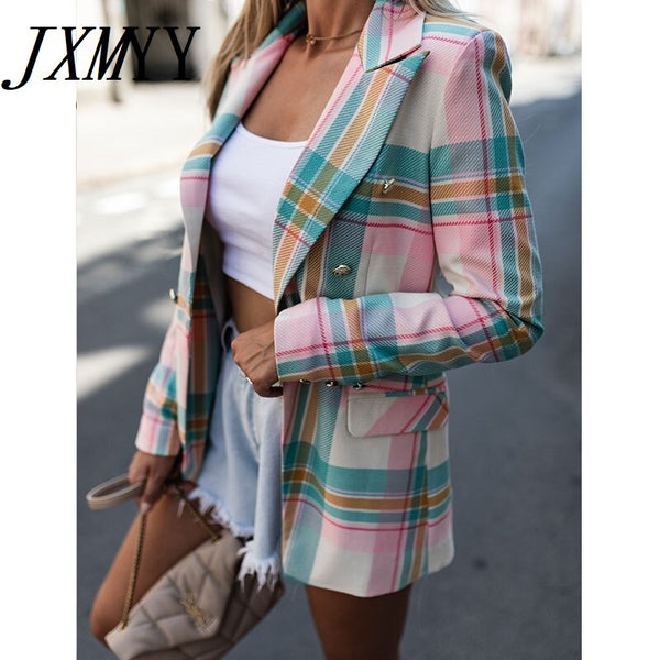 Autumn Women Plaid Blazers and Jackets Work Office Lady Suit Slim Double Breasted Business Femme Blazer Coat 2022