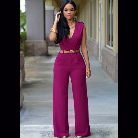 Fashion Big Women Sleeveless Sexy V-neck Belted Backless Wide Leg Jumpsuit Straight long pant Elegant Young Jumpsuits