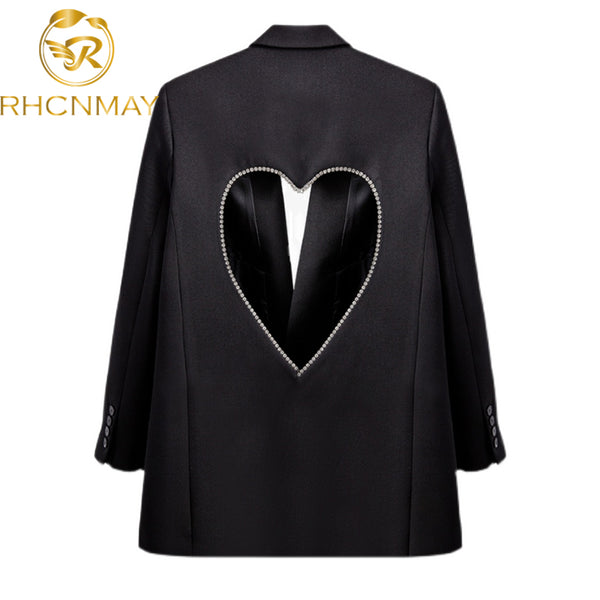 Black Blazers for Women Patchwork Diamond Heart Pattern Notched Long Sleeve Casual Coats Female 2023 Autumn Clothes