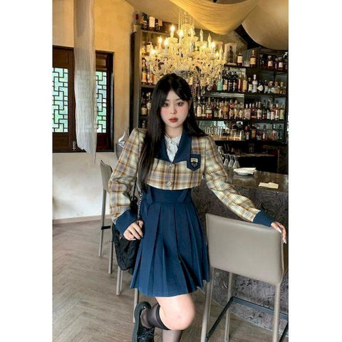 Blazer Skirt Set Women College Style Autumn Slim Plaid Suit Jacket High Waist Pleated Sling Skirts 2 Piece Sets Woman