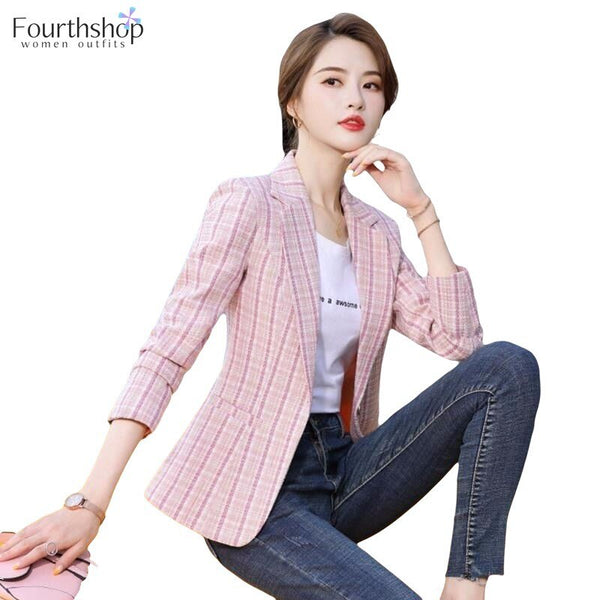 Blazer Women Plaid Jacket Casual Notched Coat Office Lady Work Wear Autumn Winter Outwear Jackets Female 2023 New
