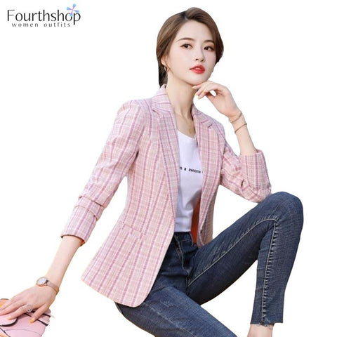 Blazer Women Plaid Jacket Casual Notched Coat Office Lady Work Wear Autumn Winter Outwear Jackets Female 2023 New