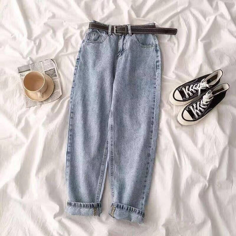 Blue Black Women's Jeans Trousers Vintage Korean Streetwear High Waist Denim Pants Baggy Mom Jeans Capri  N0072