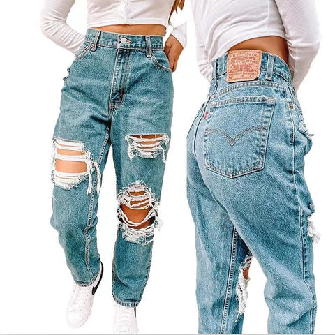 Blue Hole Straight Wide Leg Trousers Y2k Hollow Cargo Pants Women Mom Jeans Ripped Jeans Women Baggy High Waisted Pants