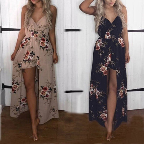 Bohemia Split Long Maxi Dress Womens Rose Printed Boho Beach Shorts Irregular Hem Party Dresses