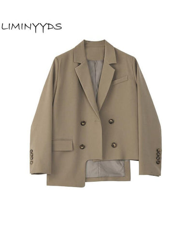 Brown Blazer Women's Autumn 2023 Notched Loose Double Breasted Hem Irregular Long Sleeve Suit Jacket