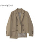 Brown Blazer Women's Autumn 2023 Notched Loose Double Breasted Hem Irregular Long Sleeve Suit Jacket