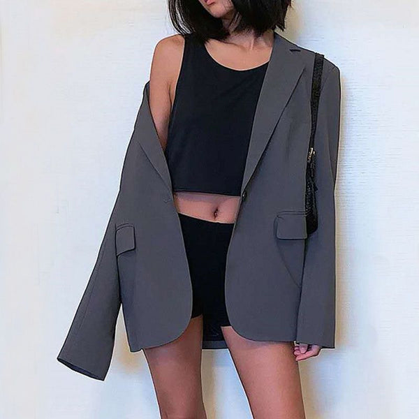 Buttons Loose Grey Blazer for Women Chic Long Sleeve Pockets Women Suit Jackets 2023 Autumn Winter Outwear Girls Blazer
