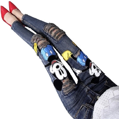 Fashion Cartoon Woman Skinny Mid Waist Jeans Female hot sell Denim Pencil Pant Elastic Ripped Girl jeans Trousers A295