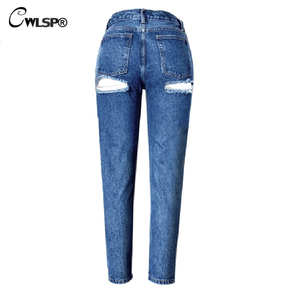 Fashion Casual Jeans Woman Pants High Waist Bottom Ripped Holes jeans Button Fly women Denim Pencil Pants jeans femme QL2916