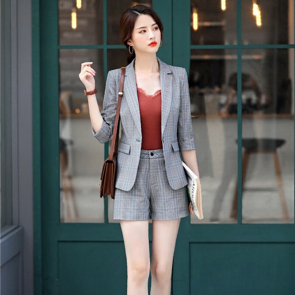 Casual Ladies Grey Blazer Women Business Suits Work Wear Sets Half Sleeve Jacket Sets Office Uniform Styles