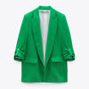 Casual Loose Notched Blazers Women Elegant Green Rollable Sleeve Jackets Women Spring Pockets Straight Suits Ladies