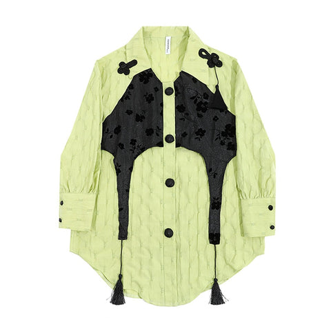 Casual Patchwork Long Sleeve Vintage Blouse Single Breasted Shirt Women Autumn Elegant Korean Style Ladies Y2K Loose Top