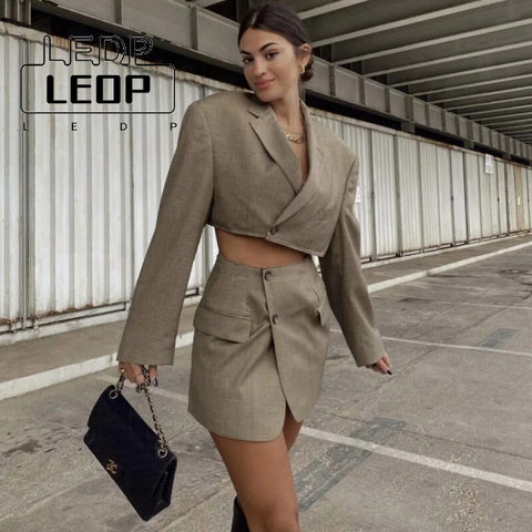 Casual Suit Women's Autumn Oblique Button Short Suit Jacket + High Waist Pocket Skirt Two-piece Short Skirt Suit