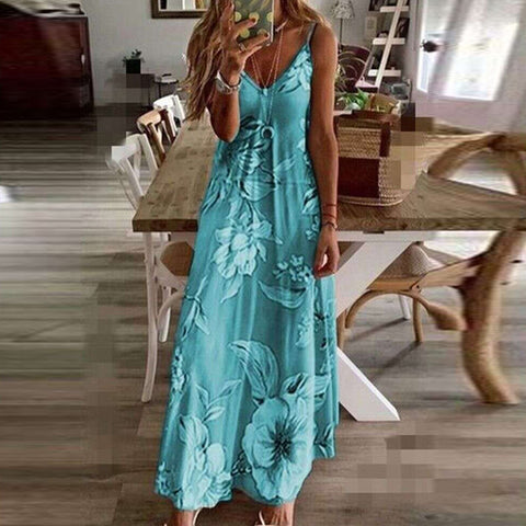 Casual Summer Light Dresses 2022 Sleeveless Camisole V-neck Print Maxi Tank Long Dress Robe Longue Femme Dresses