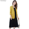 Casual Women Girl Skirt Suit Solid Three Quarter Sleeve Blazer Jacket With Knee Length Skirt Yellow White Two Piece Set