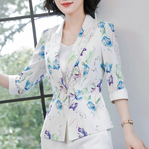 Fashion Casual print  jacket women formal  slim temperament half sleeve blazer office ladies spring autumn plus size coat