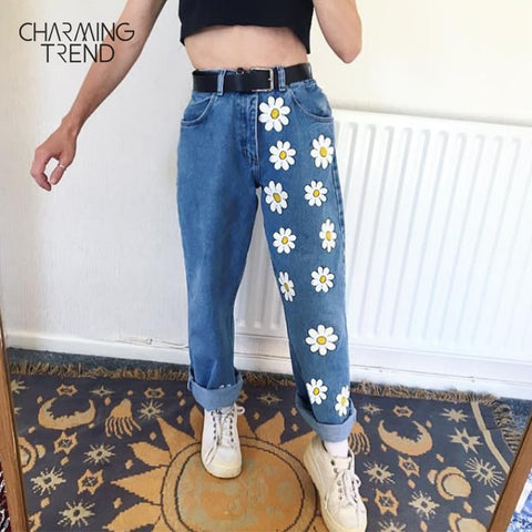 Chic Woman jeans high waisted 2022 Straight cute female denim long pants trousers vintage daisies printed women jeans