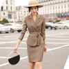 Coffee Blue Plaid Skirt Suits Women Girl Two Piece Set with Sash Casual Female Ladies Double Breasted Blazer Clothes