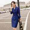 Coffee Blue Plaid Skirt Suits Women Girl Two Piece Set with Sash Casual Female Ladies Double Breasted Blazer Clothes