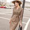 Coffee Blue Plaid Skirt Suits Women Girl Two Piece Set with Sash Casual Female Ladies Double Breasted Blazer Clothes