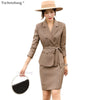 Coffee Blue Plaid Skirt Suits Women Girl Two Piece Set with Sash Casual Female Ladies Double Breasted Blazer Clothes